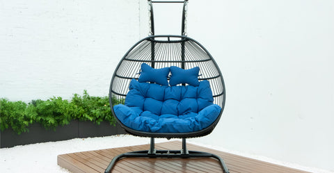 Wicker 2 Person Double Folding Hanging Egg Swing Chair Blue