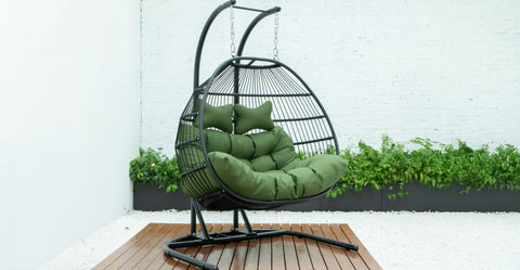 Wicker 2 Person Double Folding Hanging Egg Swing Chair Dark Green