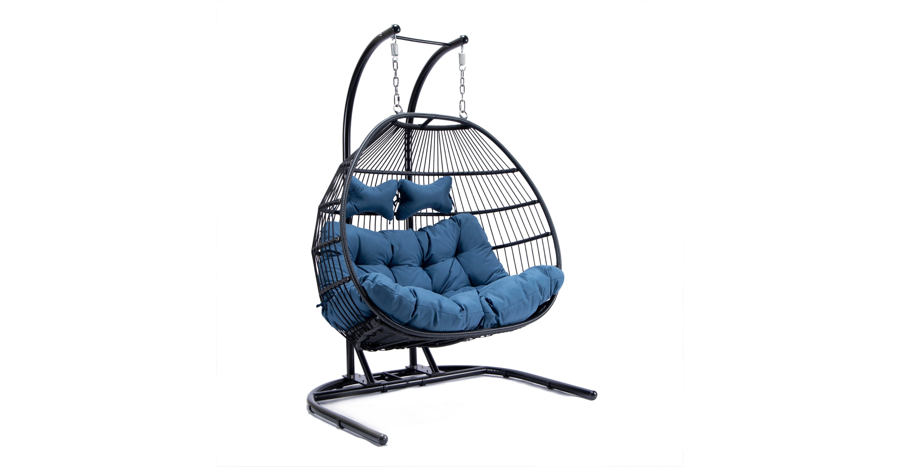 Wicker 2 Person Double Folding Hanging Egg Swing Chair Navy Blue