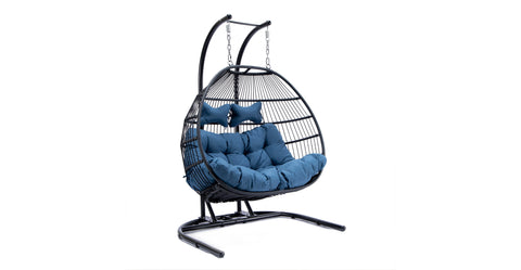 Wicker 2 Person Double Folding Hanging Egg Swing Chair Navy Blue