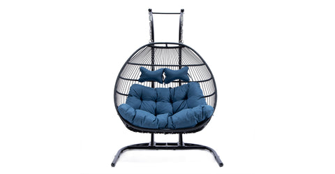 Wicker 2 Person Double Folding Hanging Egg Swing Chair Navy Blue