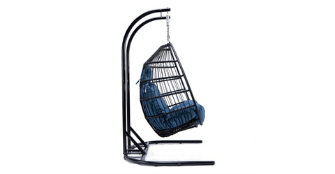 Wicker 2 Person Double Folding Hanging Egg Swing Chair Navy Blue