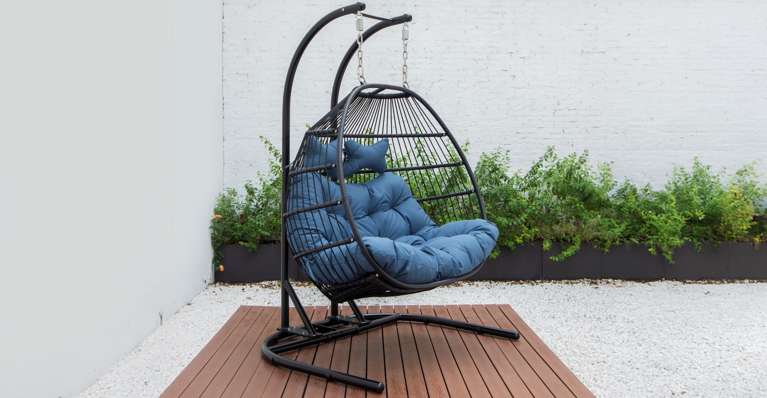 Wicker 2 Person Double Folding Hanging Egg Swing Chair Navy Blue