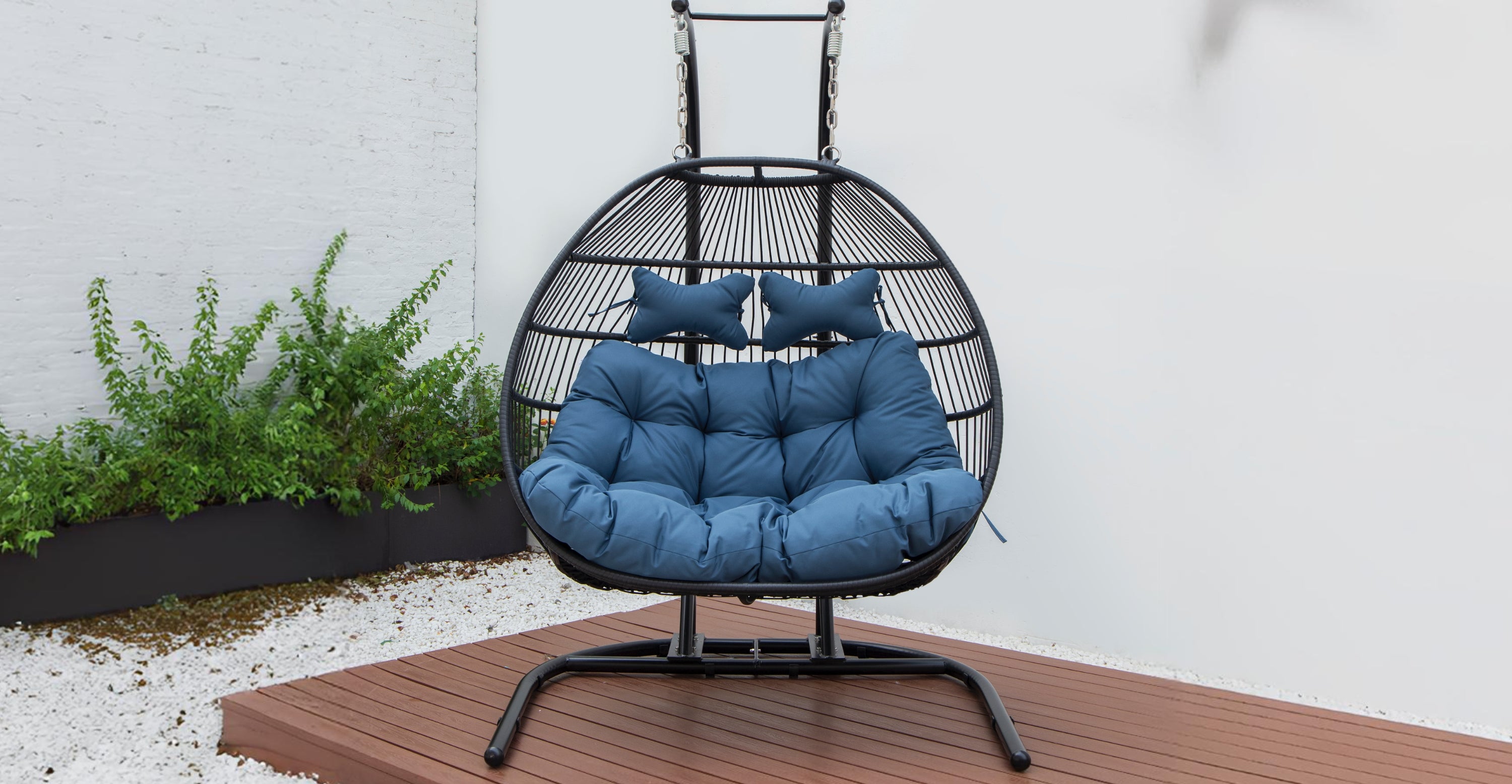 Wicker 2 Person Double Folding Hanging Egg Swing Chair Navy Blue