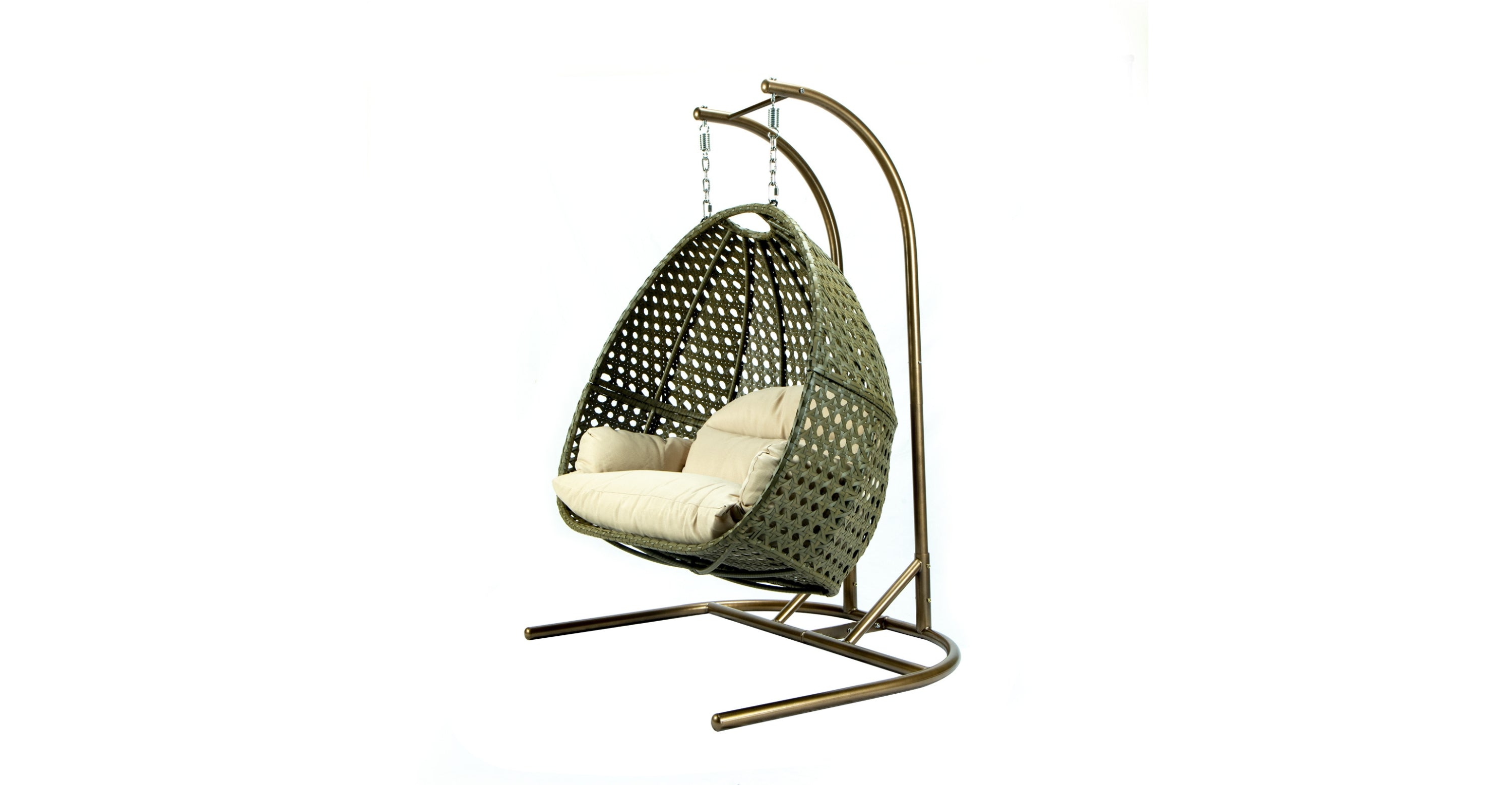 Wicker Hanging Double Egg Beige Swing Chair with an Iron Base Beige