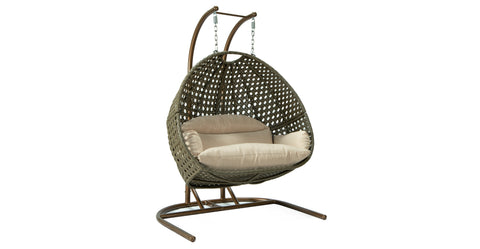 Wicker Hanging Double Egg Beige Swing Chair with an Iron Base Beige