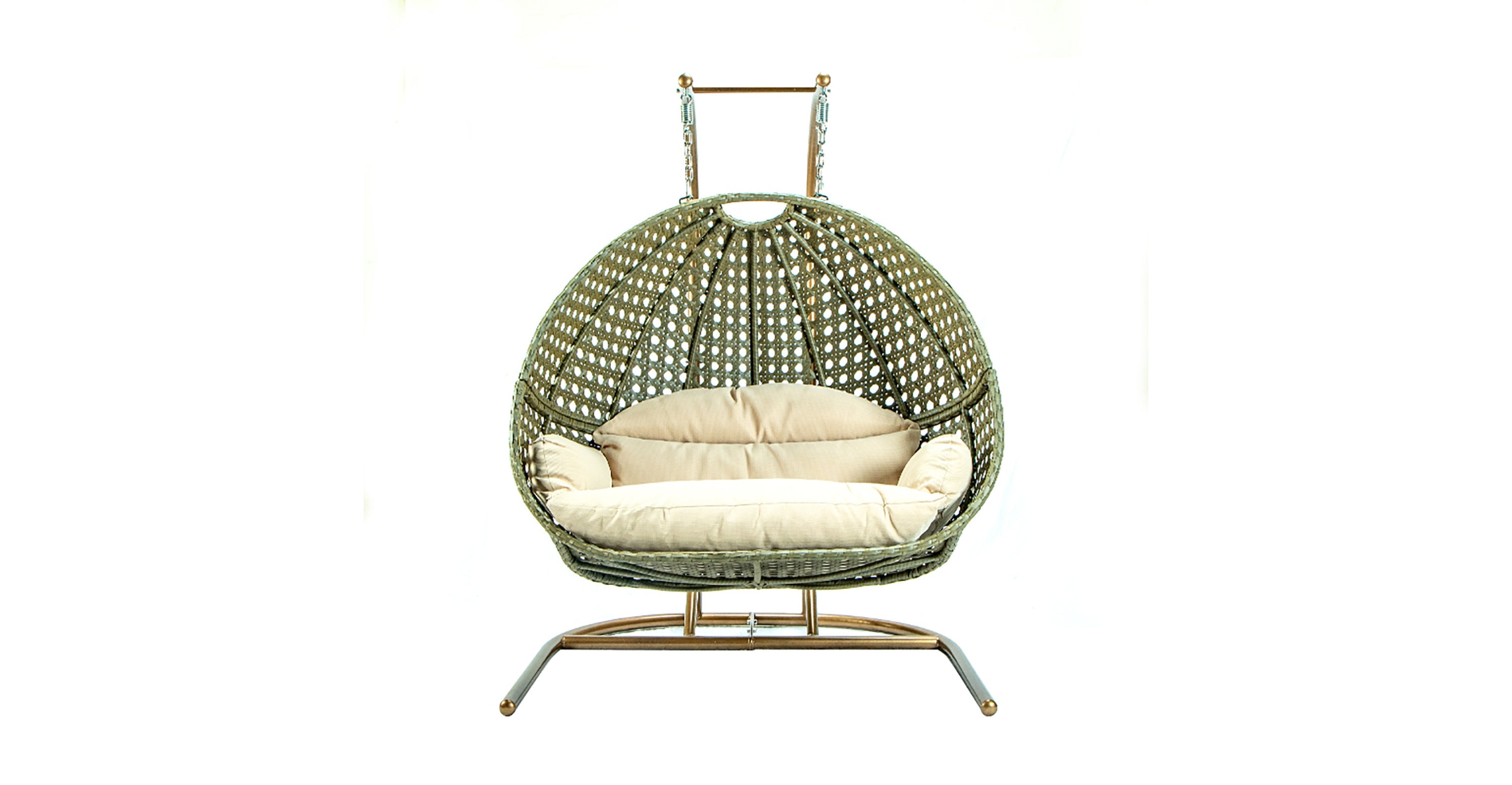 Wicker Hanging Double Egg Beige Swing Chair with an Iron Base Beige