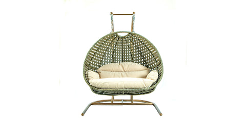 Wicker Hanging Double Egg Beige Swing Chair with an Iron Base Beige