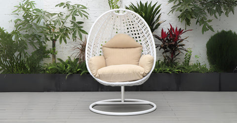 White Wicker Hanging Single Egg Swing Chair With Cushions Beige