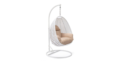 White Wicker Hanging Single Egg Swing Chair With Cushions Beige