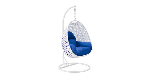 White Wicker Hanging Single Egg Swing Chair With Cushions Blue