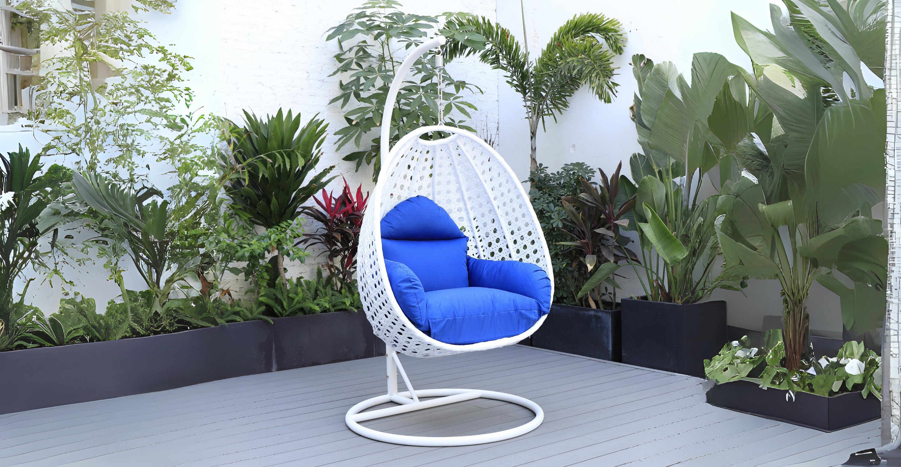 White Wicker Hanging Single Egg Swing Chair With Cushions Blue