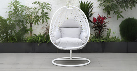 White Wicker Hanging Single Egg Swing Chair With Cushions Light Grey