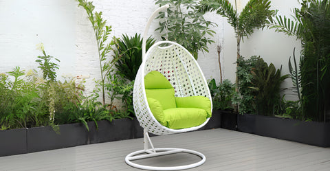 White Wicker Hanging Single Egg Swing Chair With Cushions Light Green