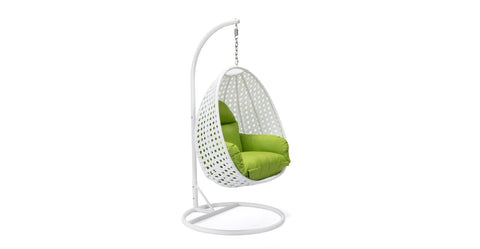 White Wicker Hanging Single Egg Swing Chair With Cushions Light Green