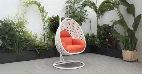 White Wicker Hanging Single Egg Swing Chair With Cushions Orange