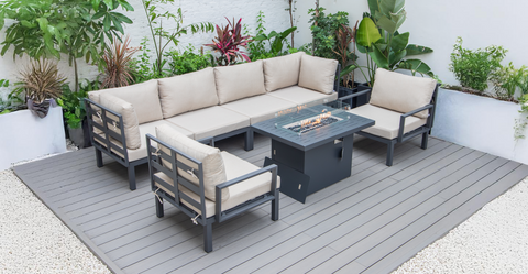 Hamilton 7-Piece Aluminum Patio Conversation Set With Fire Pit Table And Cushions Beige