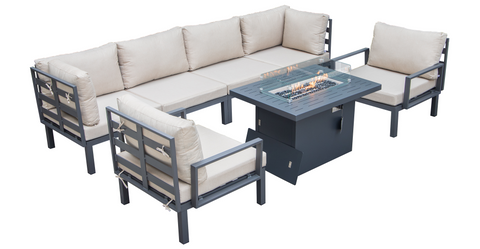 Hamilton 7-Piece Aluminum Patio Conversation Set With Fire Pit Table And Cushions Beige