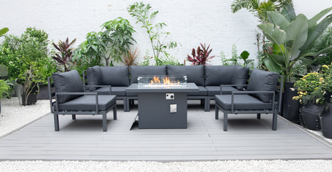 Hamilton 7-Piece Aluminum Patio Conversation Set With Fire Pit Table And Cushions Black