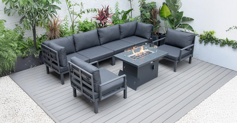 Hamilton 7-Piece Aluminum Patio Conversation Set With Fire Pit Table And Cushions Black