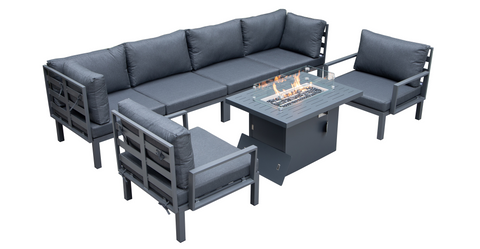 Hamilton 7-Piece Aluminum Patio Conversation Set With Fire Pit Table And Cushions Black