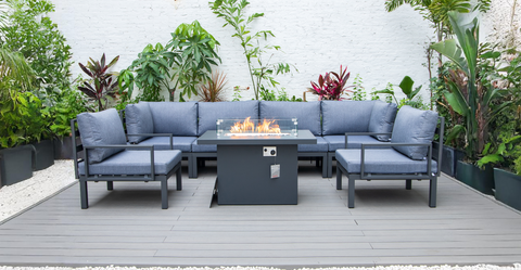 Hamilton 7-Piece Aluminum Patio Conversation Set With Fire Pit Table And Cushions Charcoal Blue