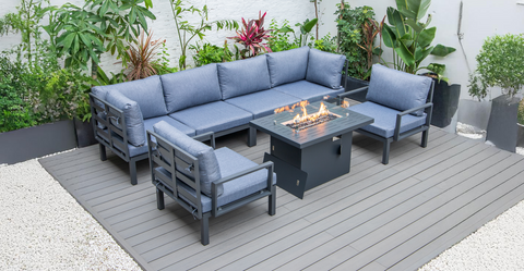 Hamilton 7-Piece Aluminum Patio Conversation Set With Fire Pit Table And Cushions Charcoal Blue