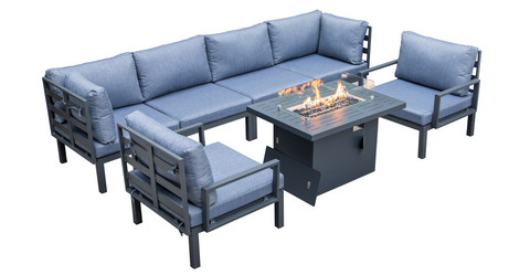 Hamilton 7-Piece Aluminum Patio Conversation Set With Fire Pit Table And Cushions Charcoal Blue