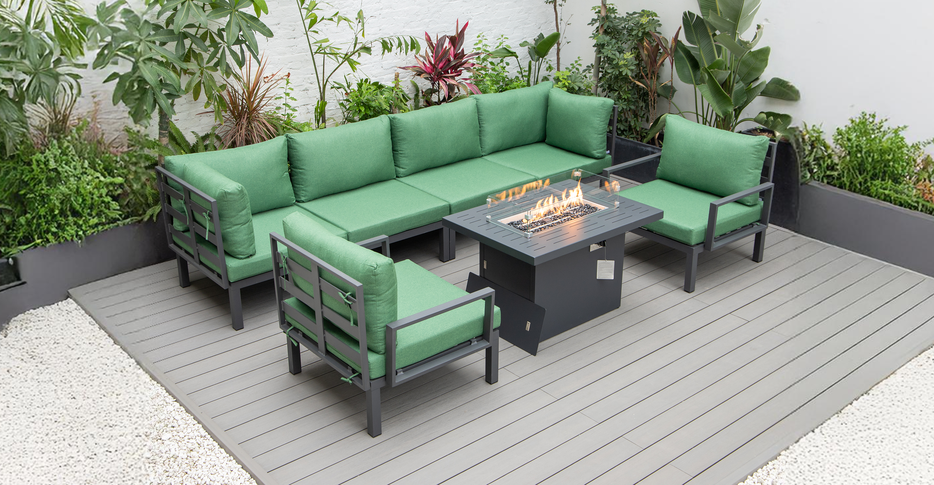 Hamilton 7-Piece Aluminum Patio Conversation Set With Fire Pit Table And Cushions Green