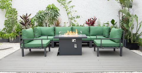 Hamilton 7-Piece Aluminum Patio Conversation Set With Fire Pit Table And Cushions Green