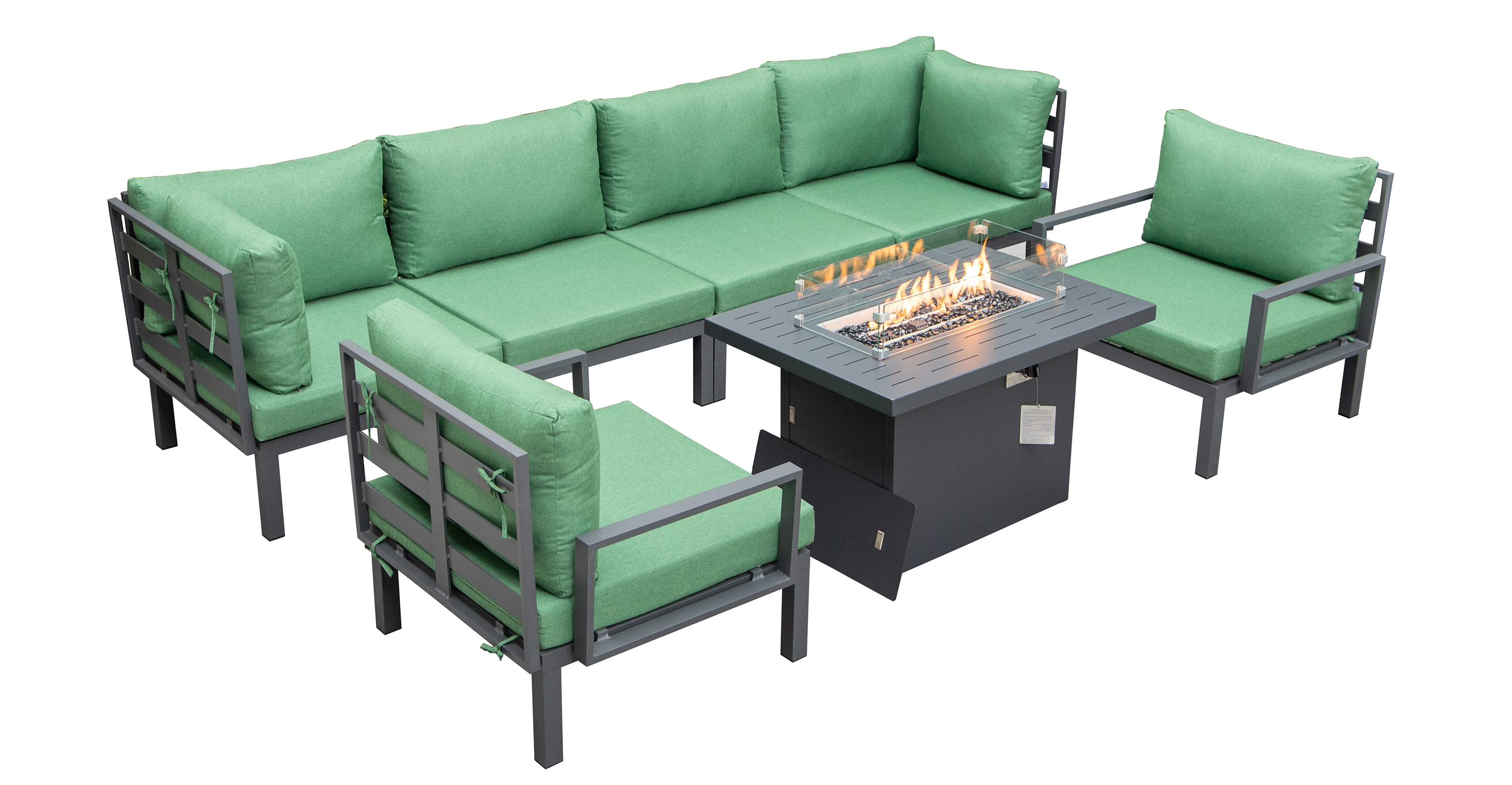 Hamilton 7-Piece Aluminum Patio Conversation Set With Fire Pit Table And Cushions Green