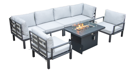 Hamilton 7-Piece Aluminum Patio Conversation Set With Fire Pit Table And Cushions Light Grey