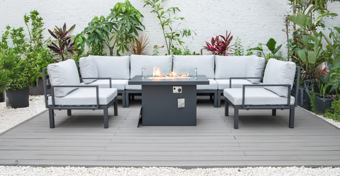 Hamilton 7-Piece Aluminum Patio Conversation Set With Fire Pit Table And Cushions Light Grey