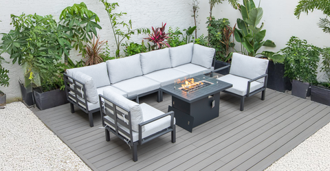 Hamilton 7-Piece Aluminum Patio Conversation Set With Fire Pit Table And Cushions Light Grey