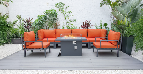 Hamilton 7-Piece Aluminum Patio Conversation Set With Fire Pit Table And Cushions Orange