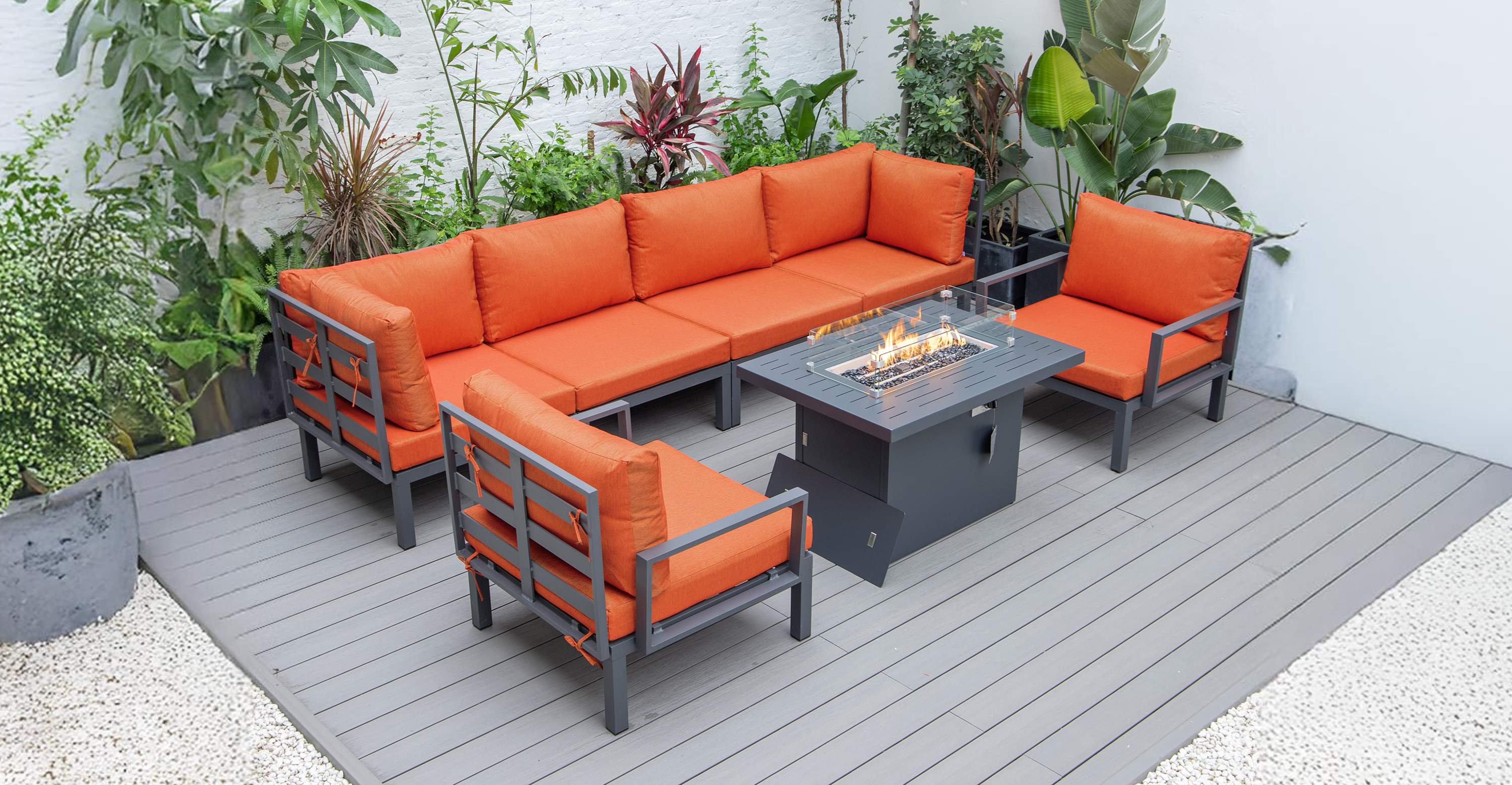 Hamilton 7-Piece Aluminum Patio Conversation Set With Fire Pit Table And Cushions Orange