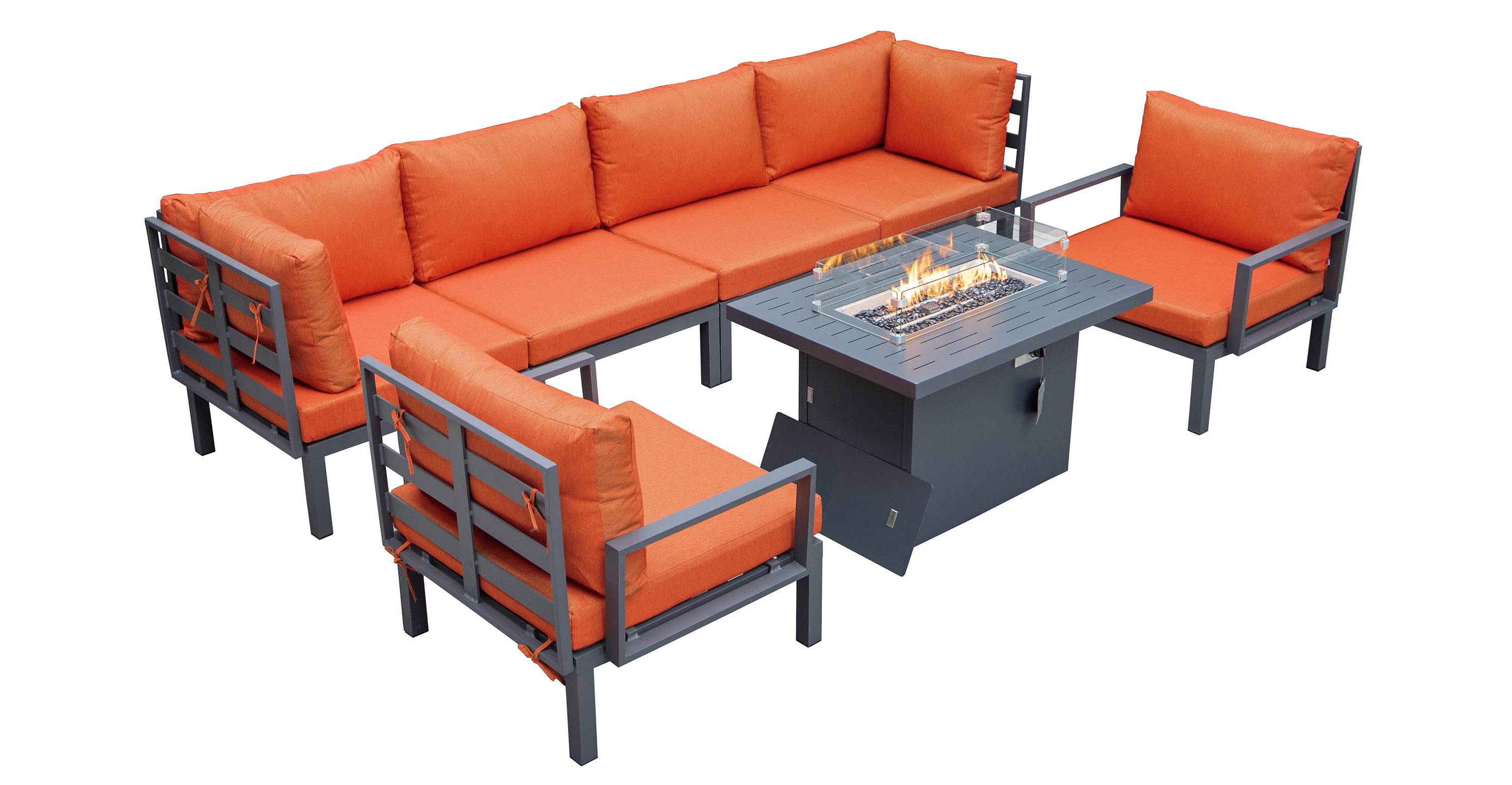 Hamilton 7-Piece Aluminum Patio Conversation Set With Fire Pit Table And Cushions Orange