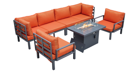 Hamilton 7-Piece Aluminum Patio Conversation Set With Fire Pit Table And Cushions Orange