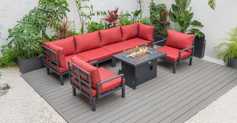 Hamilton 7-Piece Aluminum Patio Conversation Set With Fire Pit Table And Cushions Red