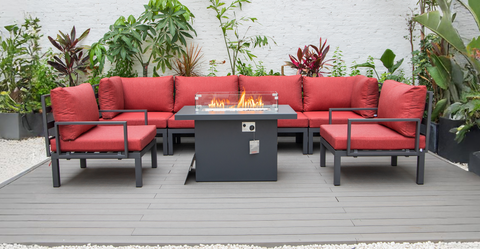 Hamilton 7-Piece Aluminum Patio Conversation Set With Fire Pit Table And Cushions Red