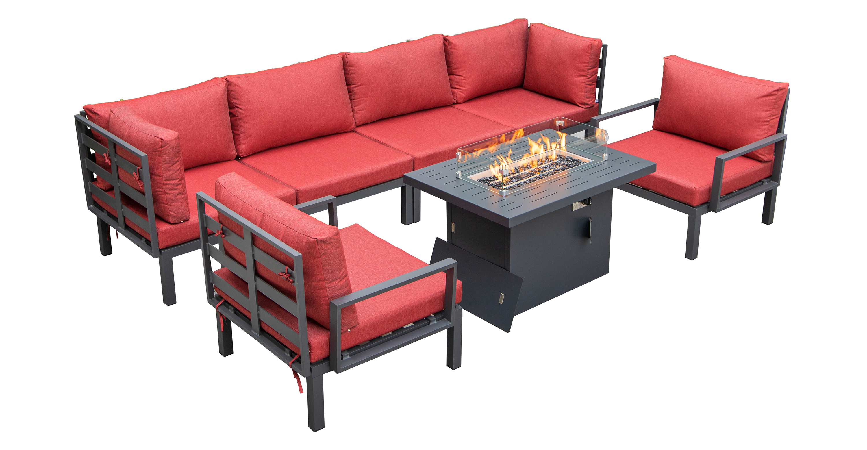 Hamilton 7-Piece Aluminum Patio Conversation Set With Fire Pit Table And Cushions Red