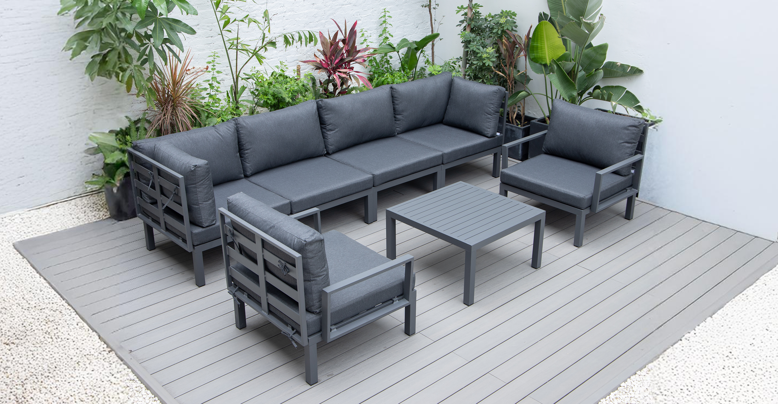 Hamilton 7-Piece Aluminum Patio Conversation Set With Coffee Table And Cushions Black