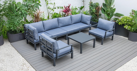 Hamilton 7-Piece Aluminum Patio Conversation Set With Coffee Table And Cushions Charcoal Blue