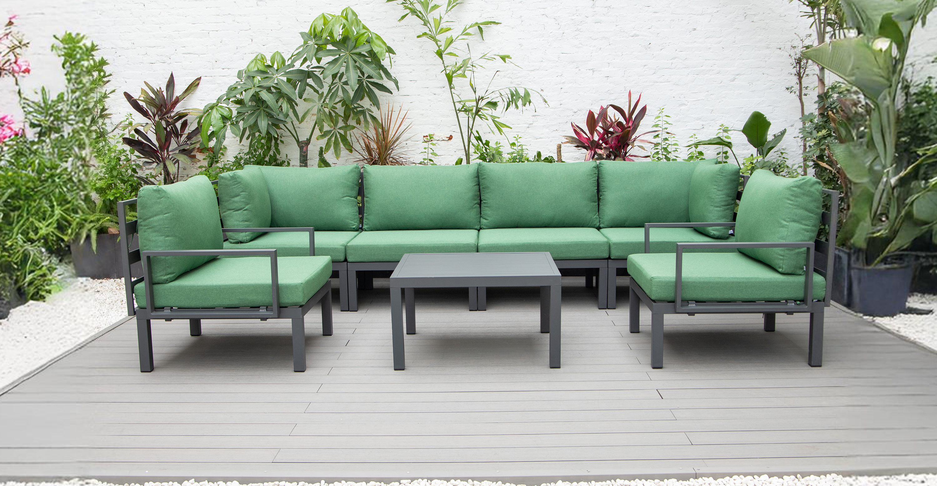 Hamilton 7-Piece Aluminum Patio Conversation Set With Coffee Table And Cushions Green