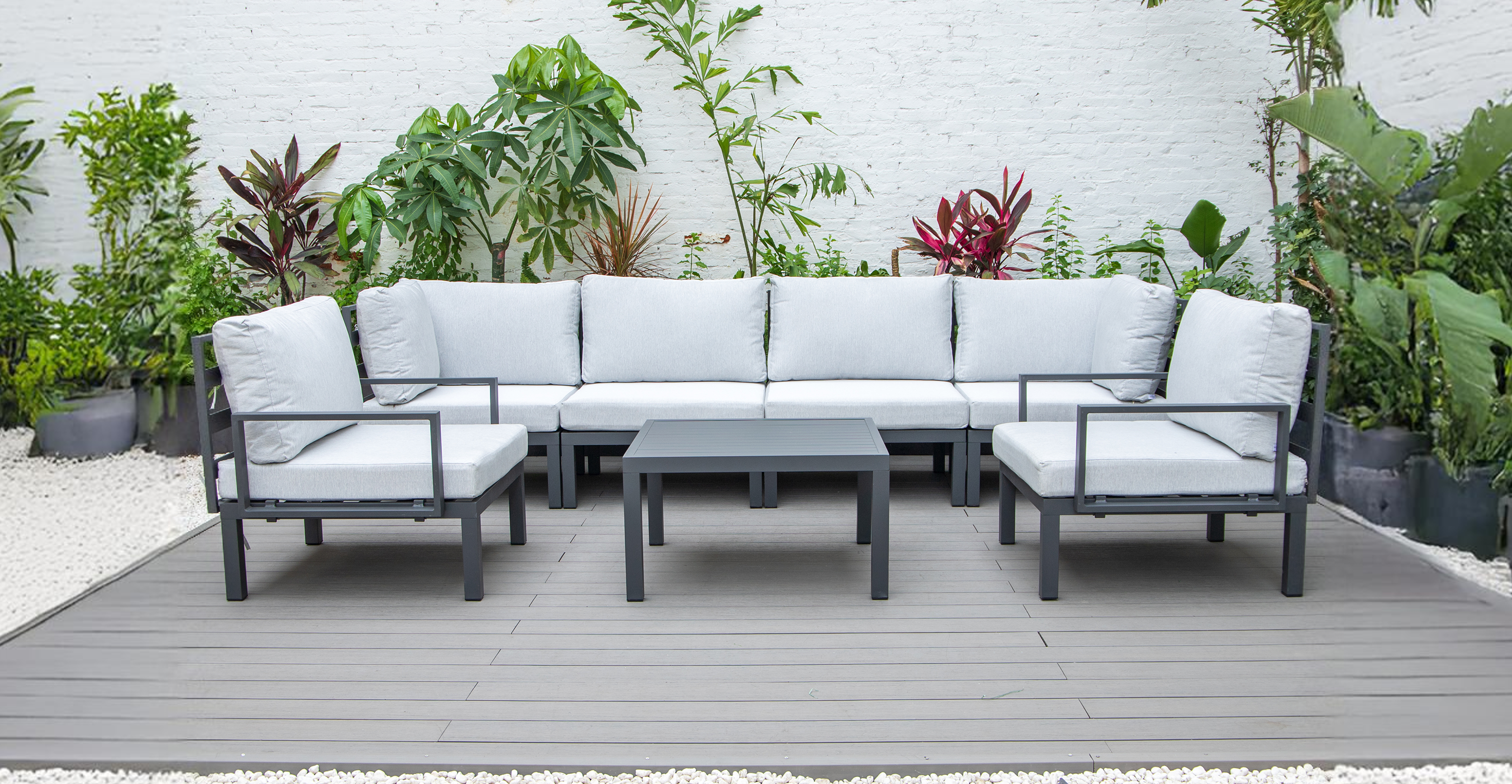 Hamilton 7-Piece Aluminum Patio Conversation Set With Coffee Table And Cushions Light Grey