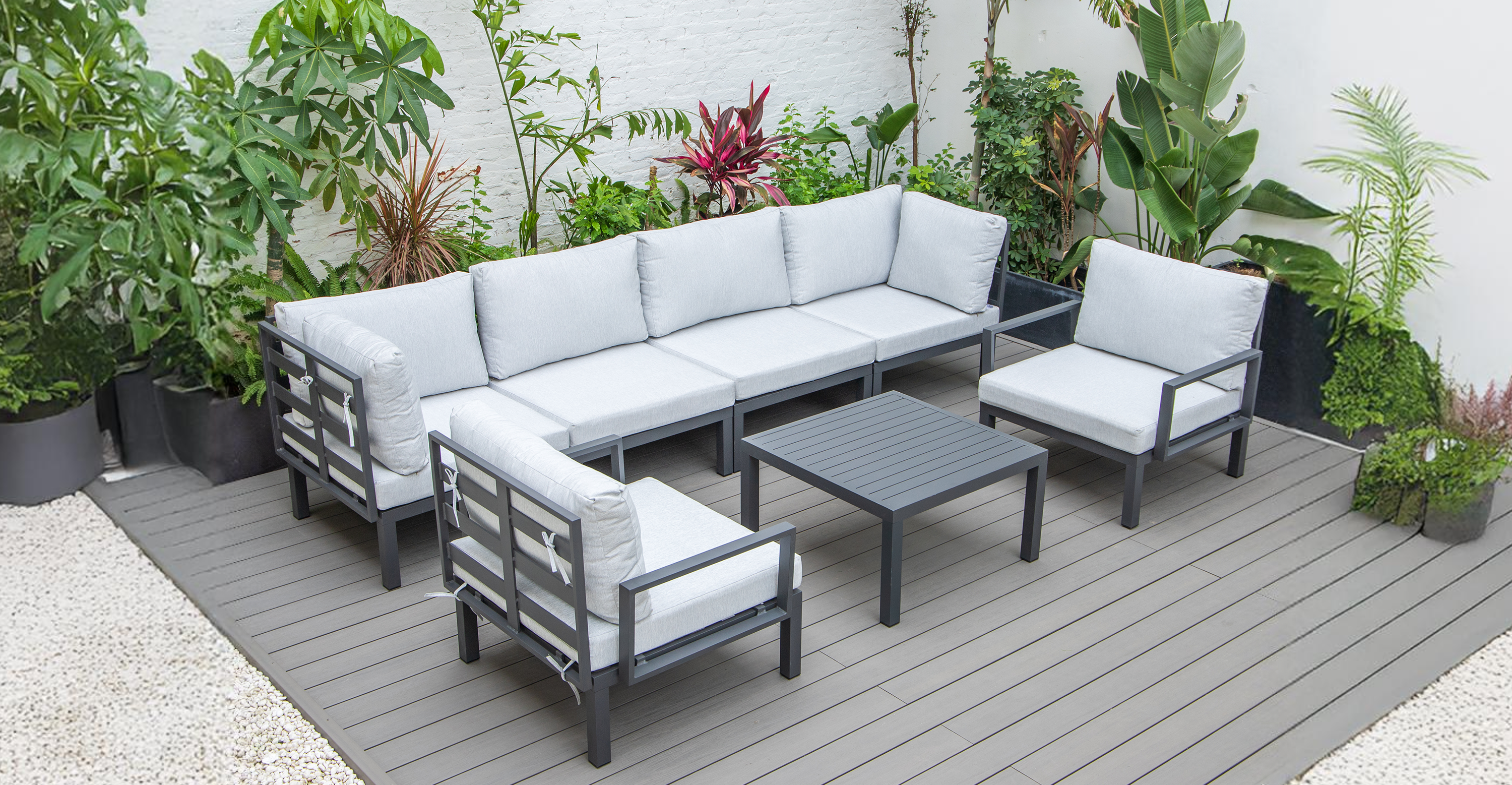 Hamilton 7-Piece Aluminum Patio Conversation Set With Coffee Table And Cushions Light Grey