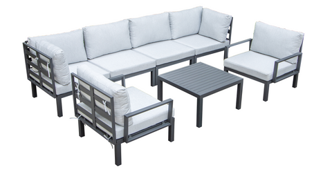 Hamilton 7-Piece Aluminum Patio Conversation Set With Coffee Table And Cushions Light Grey