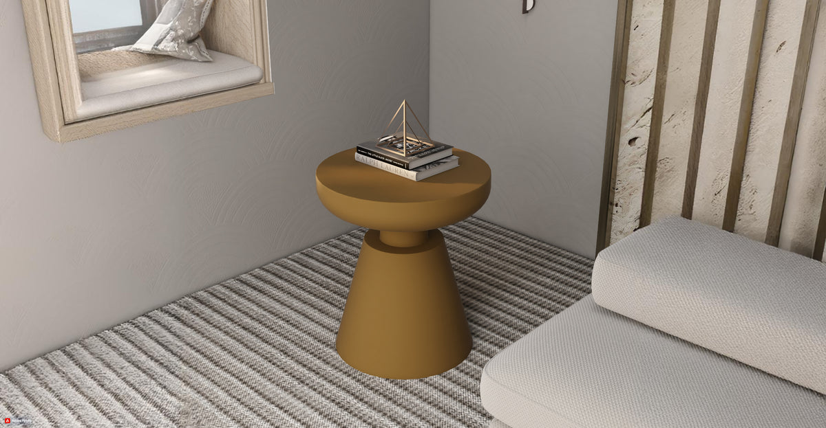 Isle Minimalist Side Table with Round Fiberstone Tabletop Accent Table and Pedestal Base Brown