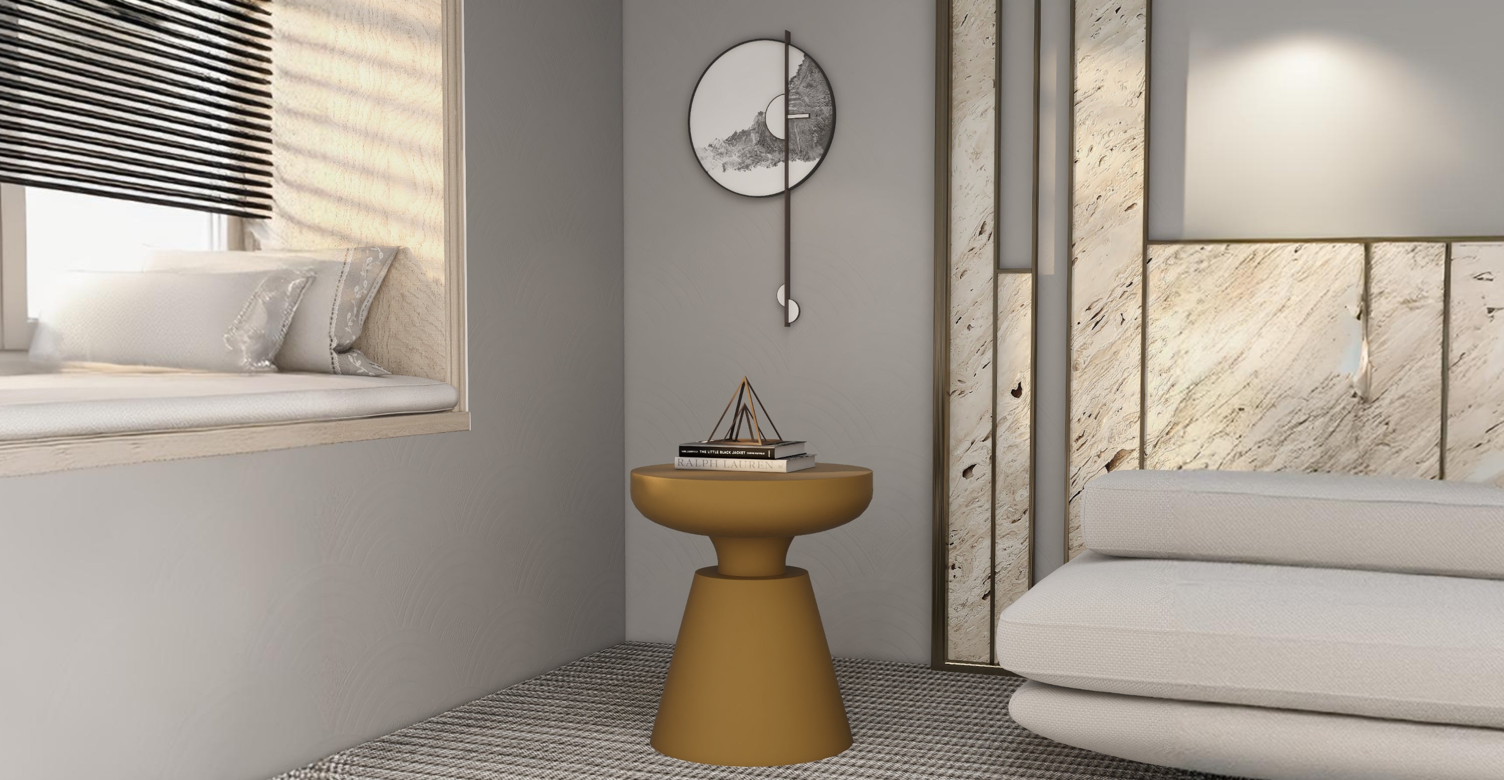 Isle Minimalist Side Table with Round Fiberstone Tabletop Accent Table and Pedestal Base Brown