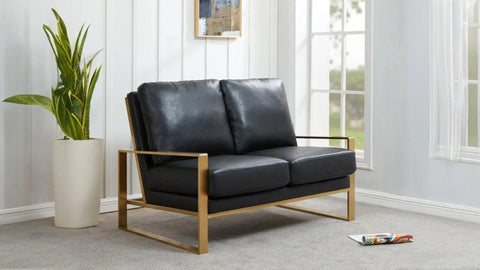 Jefferson Contemporary Velvet/Leather Loveseat with Stainless Steel Frame Black / Leather / Gold